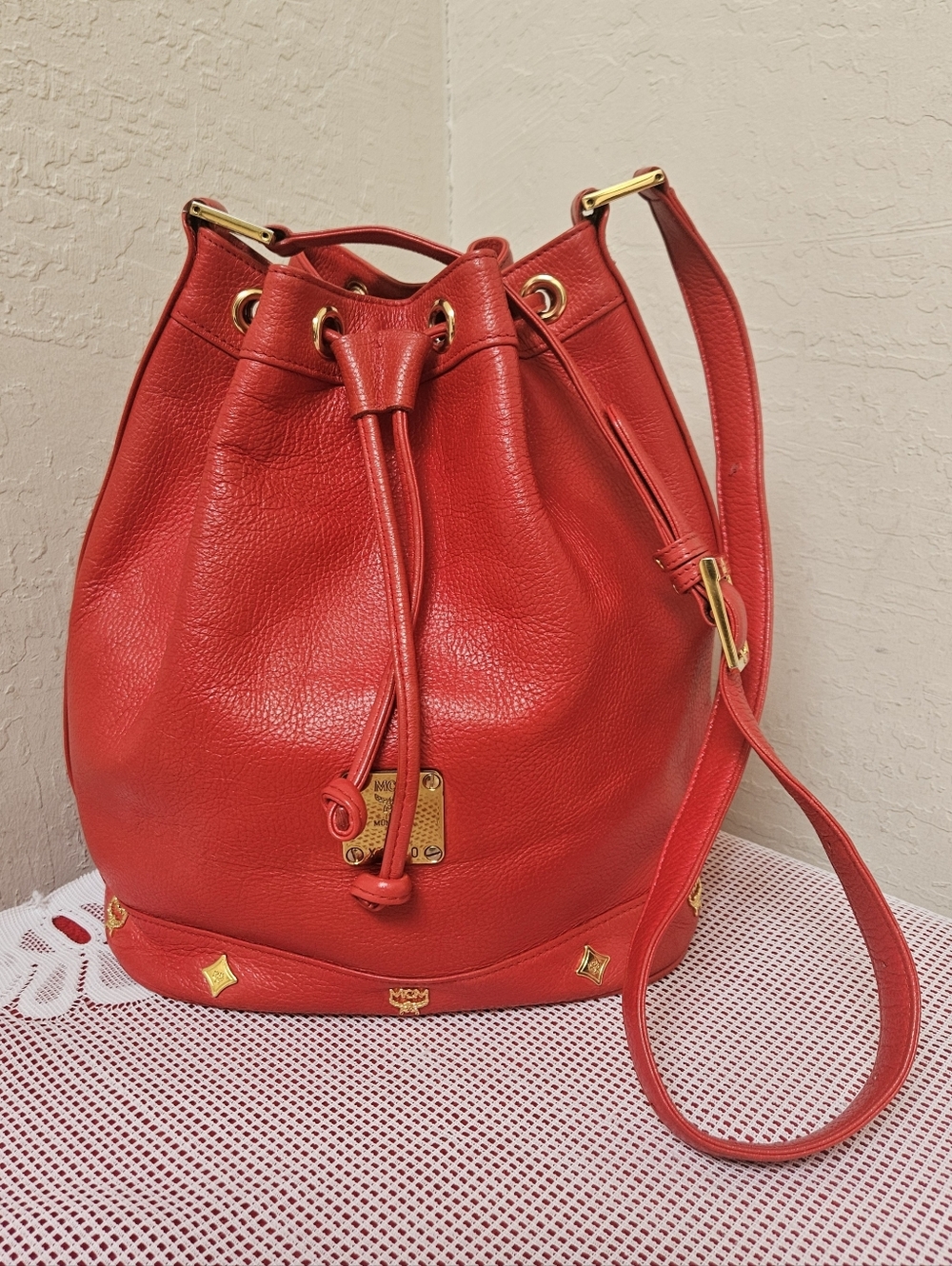 MCM Red Leather Bucket Drawstring Vintage Shoulder Bag AUTHENTIC